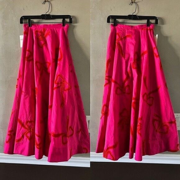 ANTHROPOLOGIE Maeve Taffeta Bow Maxi Skirt Pink Red - Picture 7 of 8
